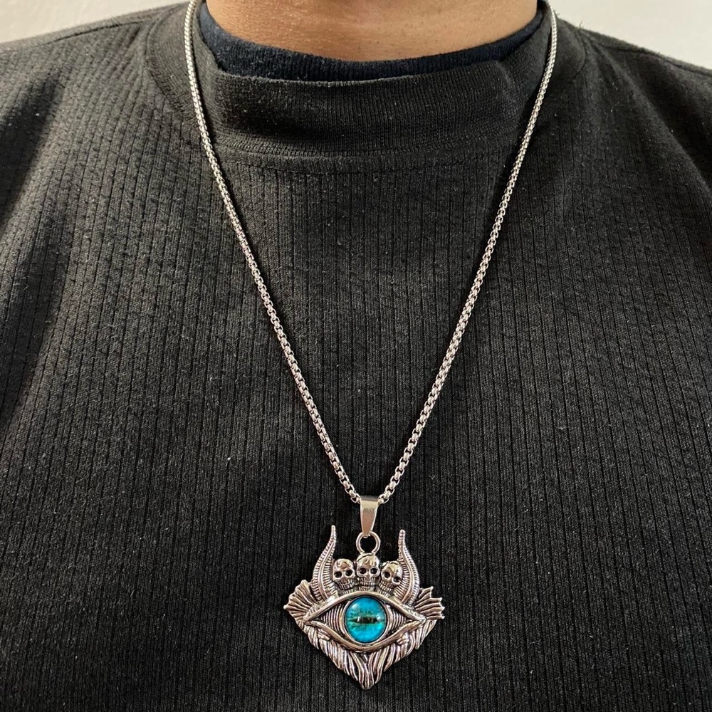 Stainless Steel Gothic Punk Evil Eye Skull Pendant Necklace
